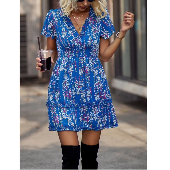 Floral Royal Blue Dress Summer V-Neck Short Mini - Picture 3 of 7